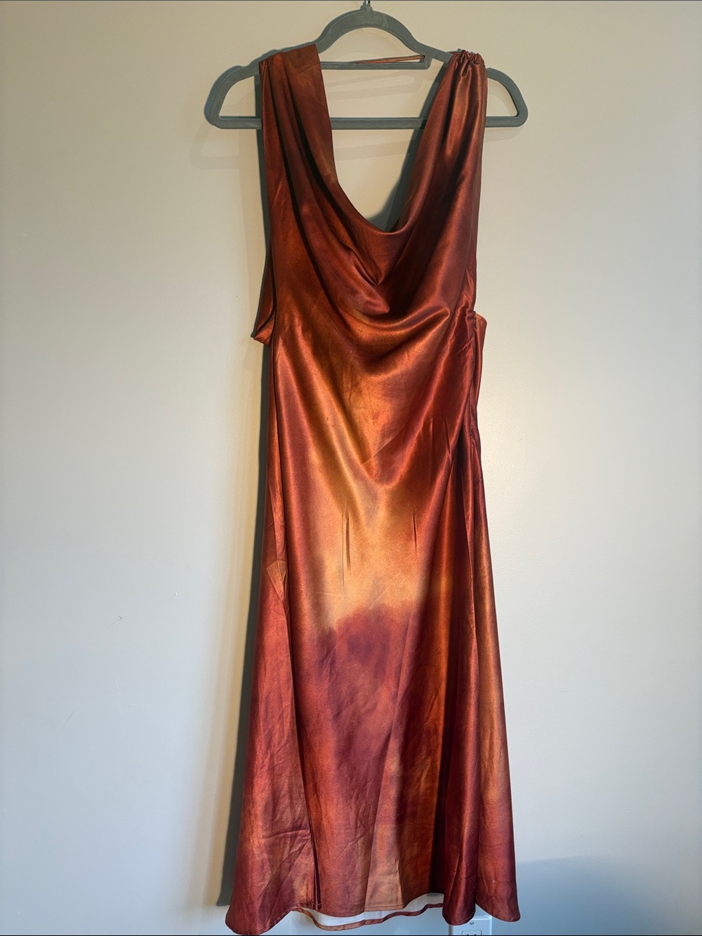 Satin Cowl Neck Slip Dress in Copper Red
